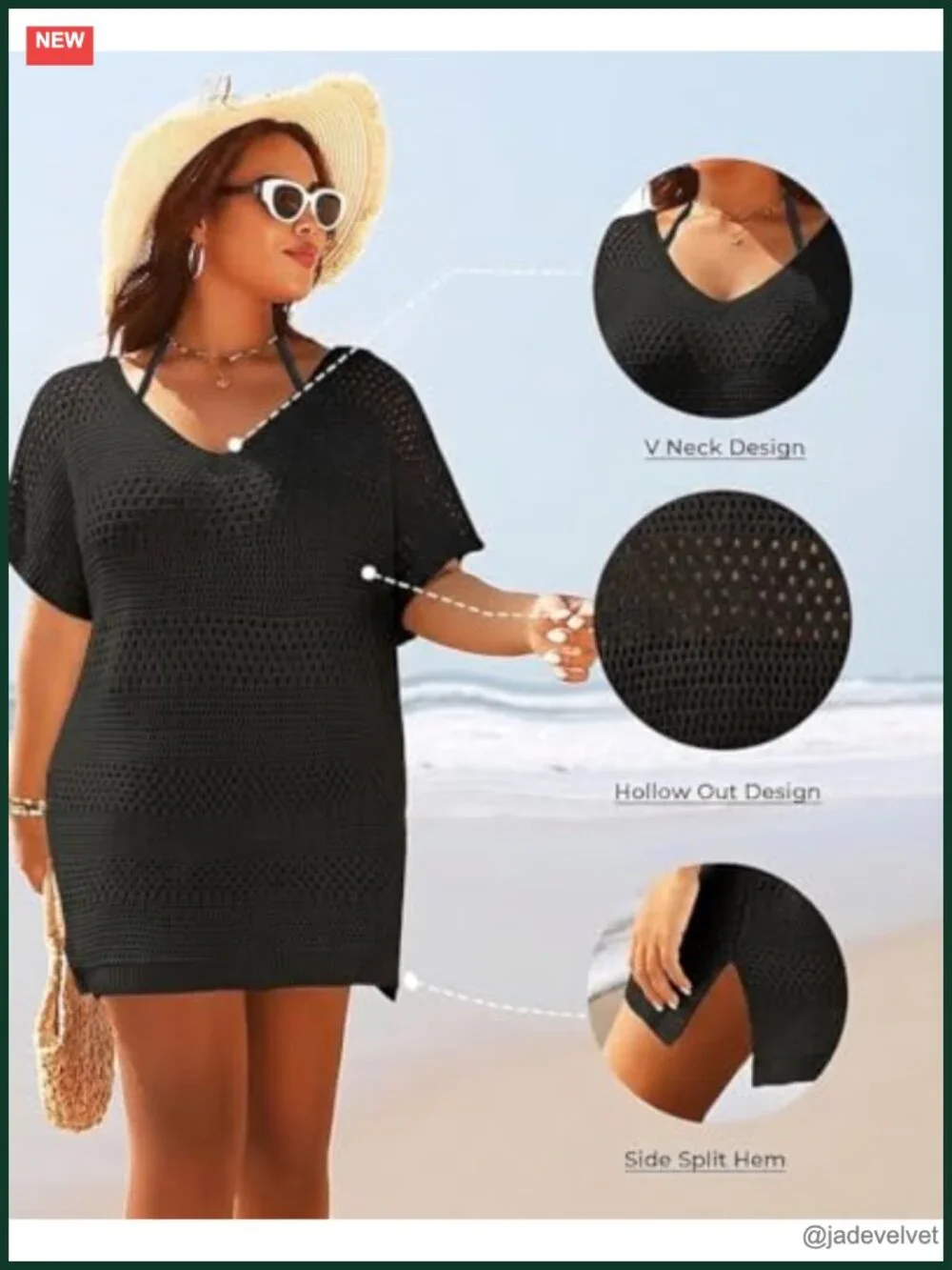 Plus Size Crochet Swim Cover Up V-Neck Short Sleeve Beach Dress